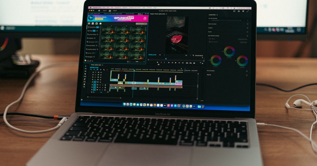 A laptop with video editing software open